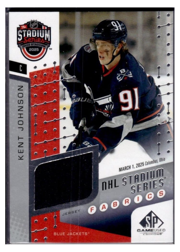 2025-26 SP Game Used 2025 Stadium Series Blue Jackets vs. Red Wings Fabrics Kent Johnson #SSF-7 card