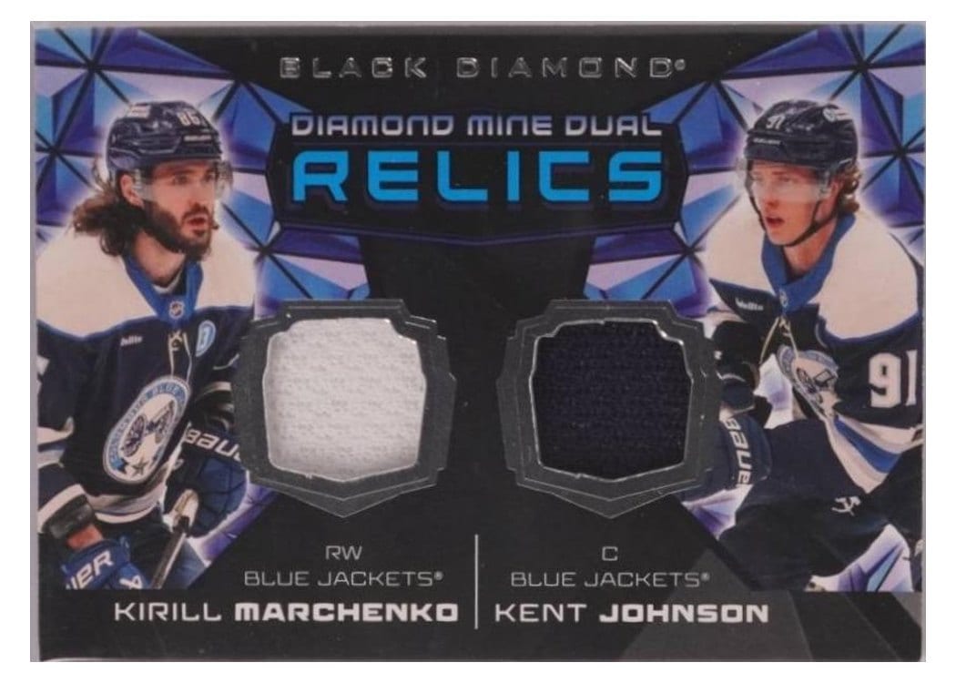 2025-26 Upper Deck Black Diamond Diamond Mine Dual Relics Kent Johnson/Kirill Marchenko #DMDR-MJ card