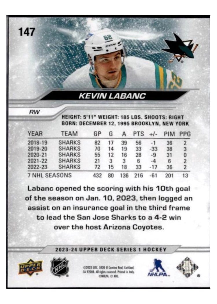 2023-24 Upper Deck Base Set Kevin Labanc #147 card