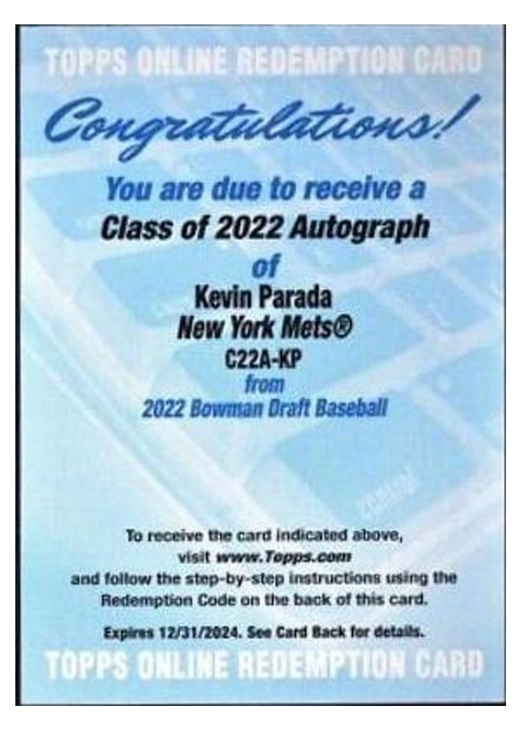 2022 Bowman Draft Class of 2022 Autographs Kevin Parada #C22A-KP card