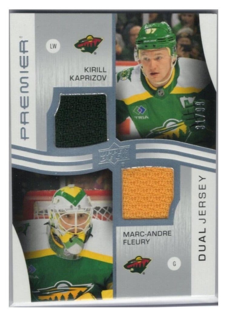 2023-24 Upper Deck Premier Premier Dual Jerseys Kirill Kaprizov/Marc-Andre Fleury #PD-KKMF card