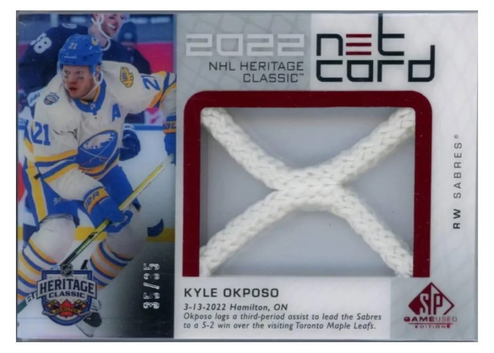 2022-23 SP Game Used 2022 NHL Heritage Classic Net Cord Relics Kyle Okposo #HCN-KO card