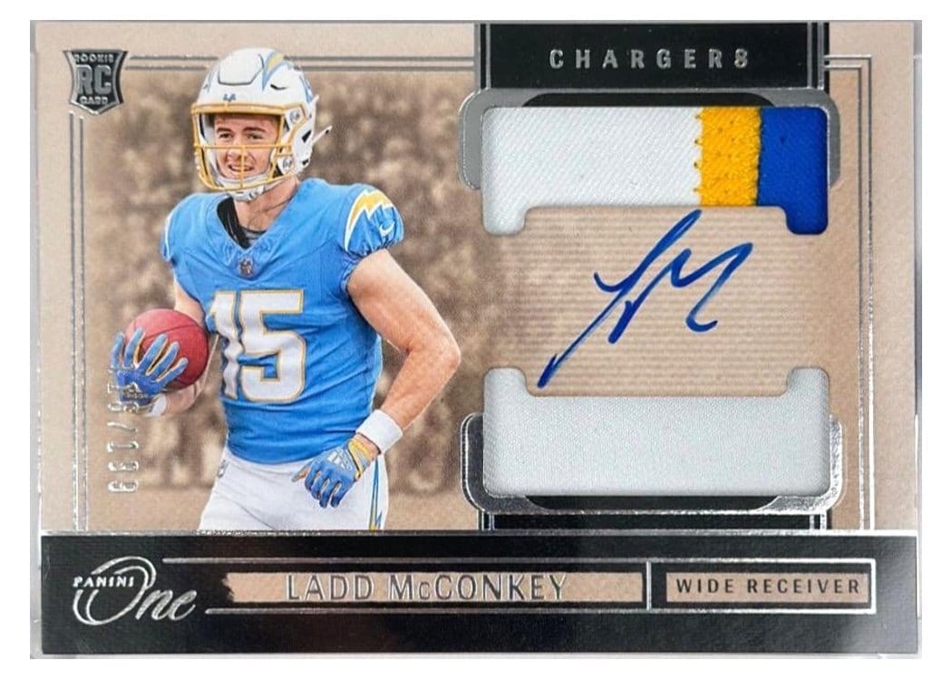 2024 Panini One Rookie Dual Patch Autographs Ladd McConkey #39 card