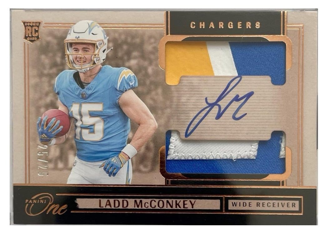 2024 Panini One Rookie Dual Patch Autographs Ladd McConkey #39 card