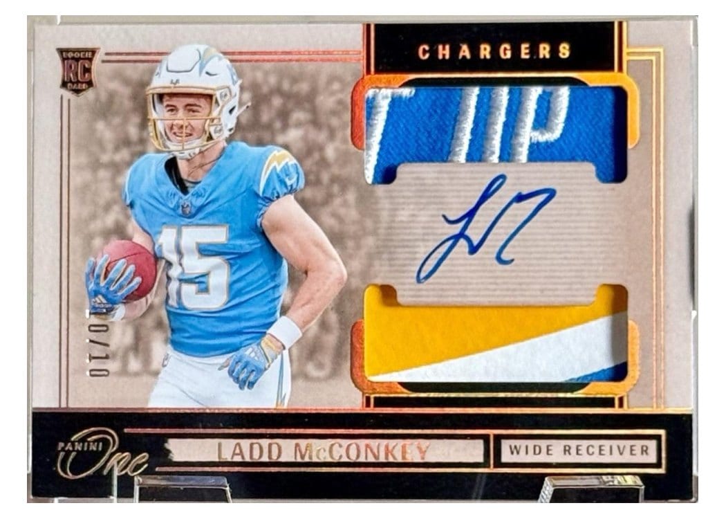 2024 Panini One Rookie Dual Patch Autographs Ladd McConkey #39 card