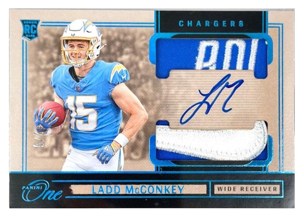 2024 Panini One Rookie Dual Patch Autographs Ladd McConkey #39 card