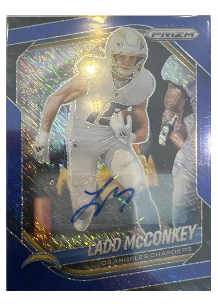 2025 Panini Prizm Base Set Ladd McConkey Blue Shimmer Autograph #18 card