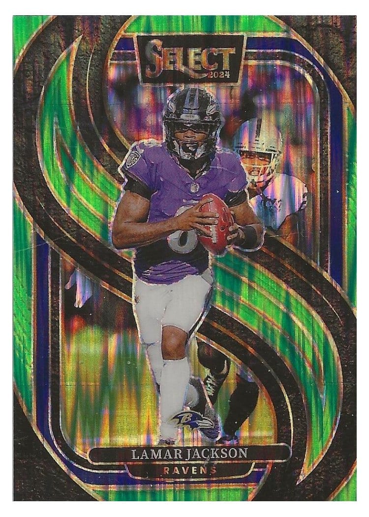 2024 Panini Select Lamar Jackson Neon Green Prizm Shock #121 card