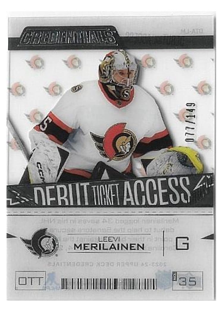 2023-24 Upper Deck Credentials Acetate Debut Ticket Access Leevi Merilainen #DTA-LM card