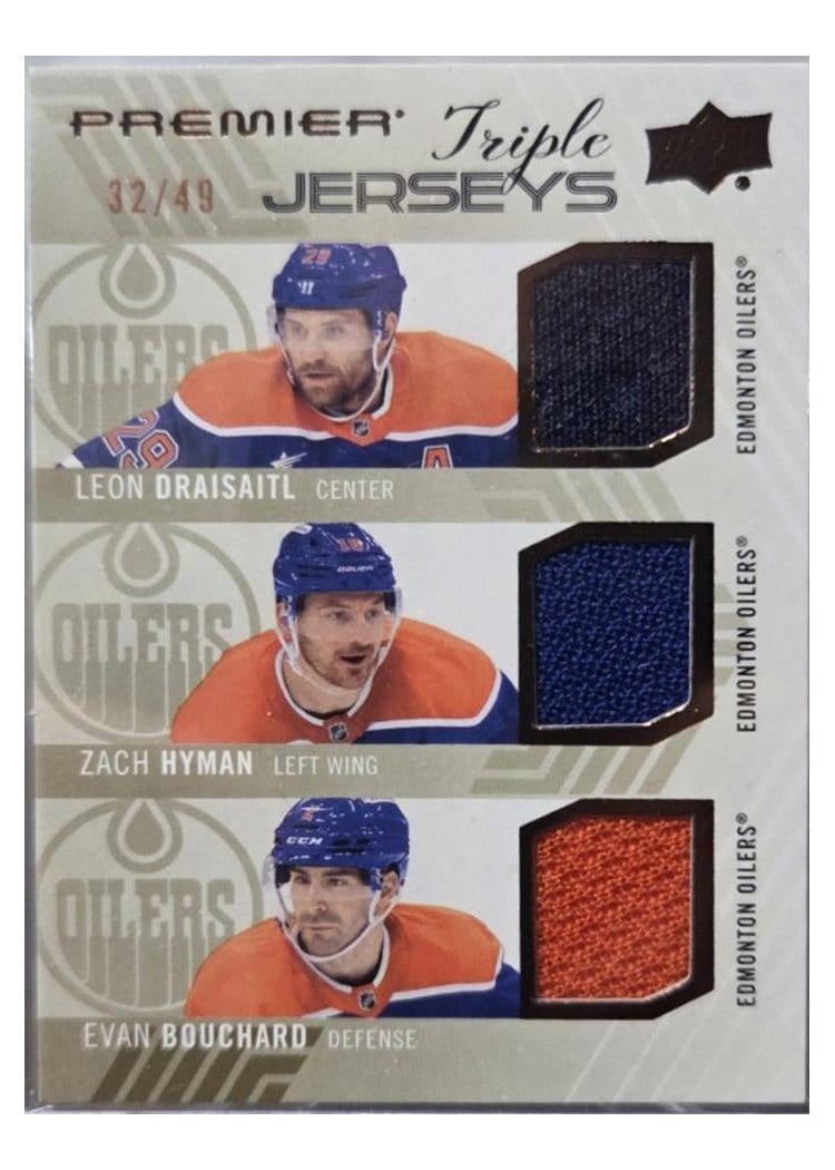 2024-25 Upper Deck Premier Premier Triple Jersey Leon Draisaitl/Zach Hyman/Evan Bouchard #PT-DHB card