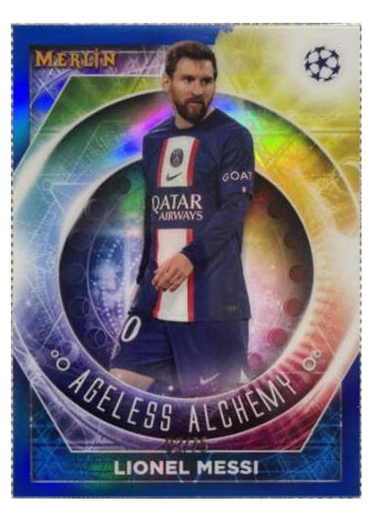 2022 Topps Merlin Chrome UEFA Club Competitions Ageless Alchemy Lionel Messi #AA-14 card
