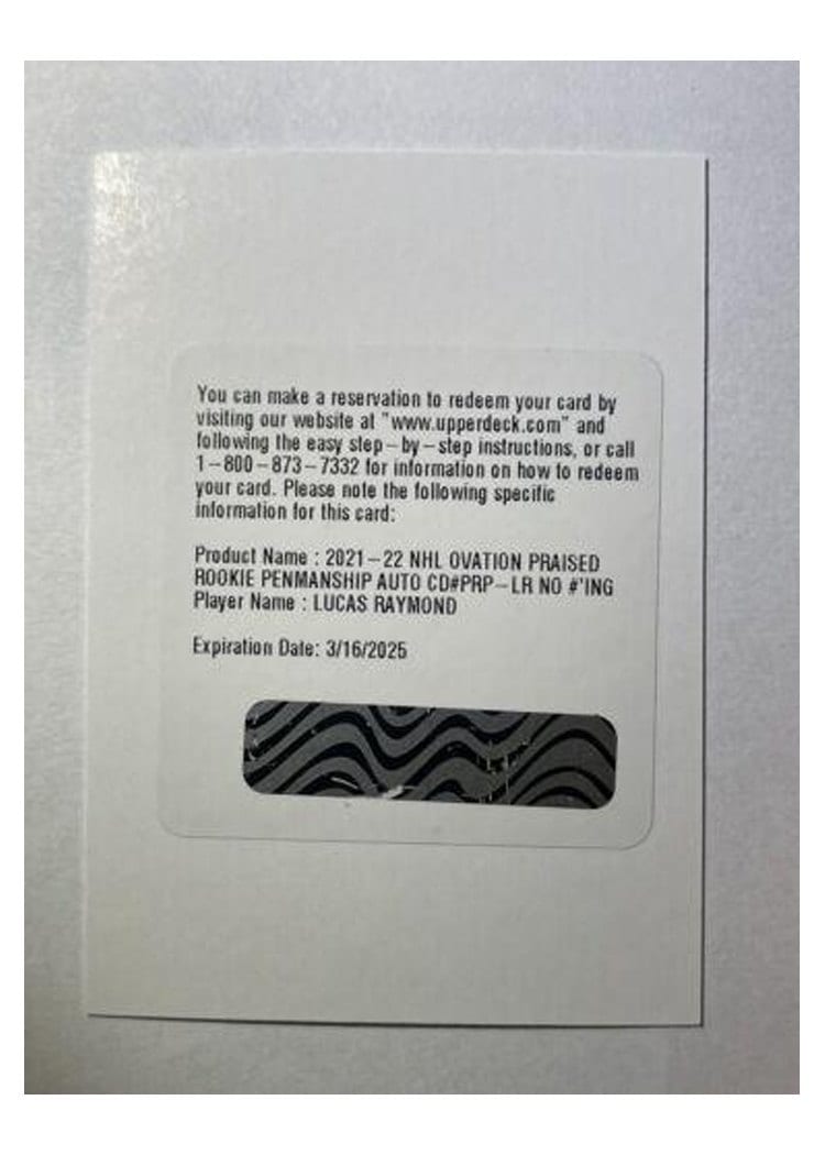 2021-22 Upper Deck Ovation Praised Rookie Penmanship Lucas Raymond #PRP-LR card