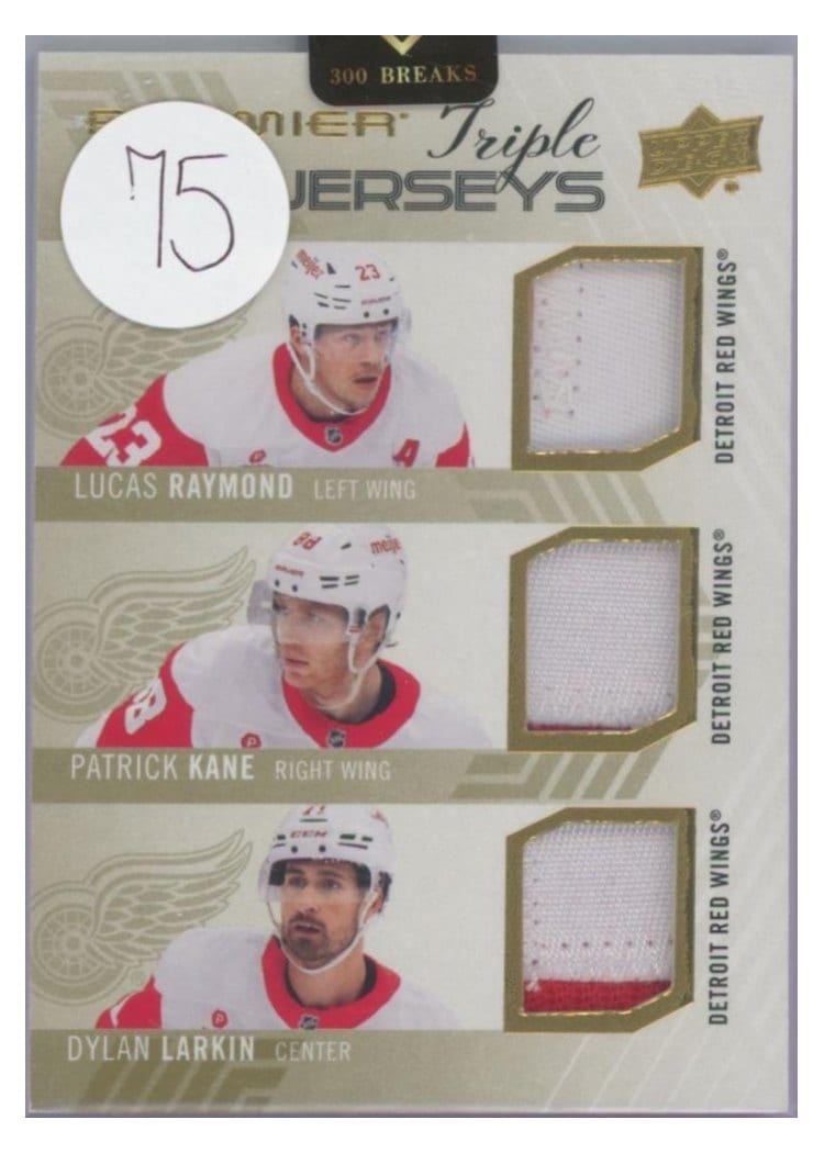 2024-25 Upper Deck Premier Premier Triple Jersey Lucas Raymond/Patrick Kane/Dylan Larkin #PT-RKL card