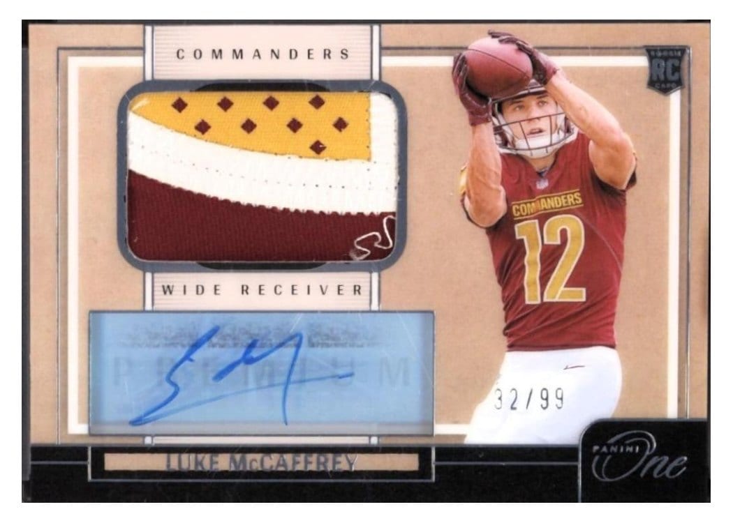 2024 Panini One Premium Rookie Patch Autographs Luke McCaffrey #120 card