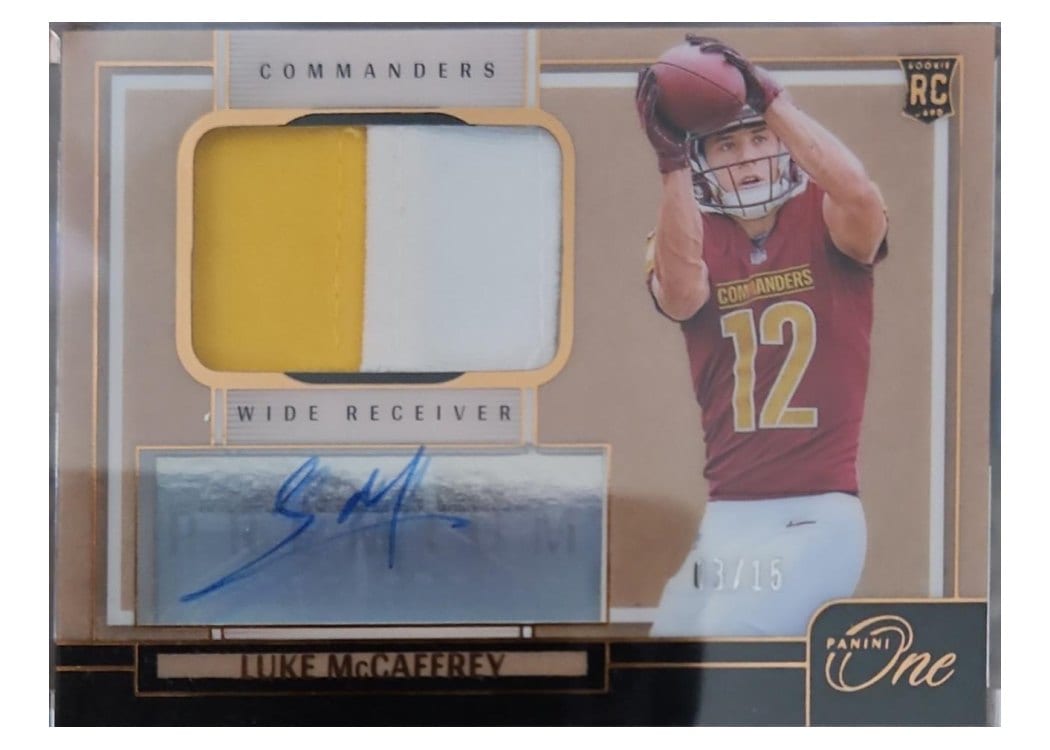 2024 Panini One Premium Rookie Patch Autographs Luke McCaffrey #120 card