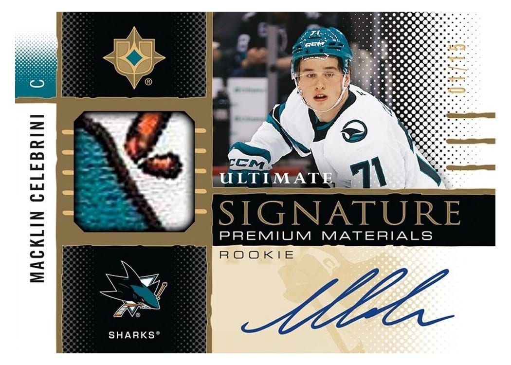 2024-25 Upper Deck Ultimate Collection Rookie Signature Premium Materials Macklin Celebrini #RSM-MC card
