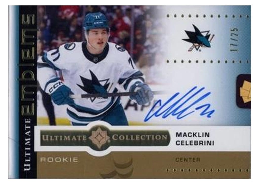 2024-25 Upper Deck Ultimate Collection Ultimate Emblems Autograph Rookies Macklin Celebrini #UER-CE card