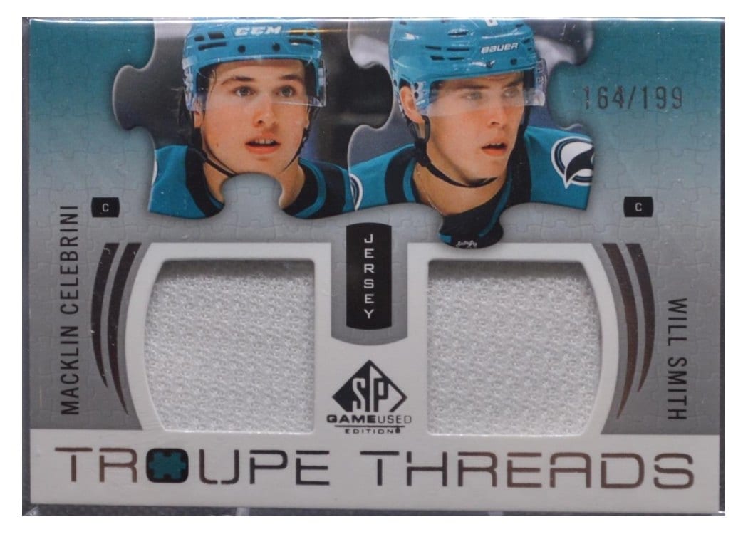 2025-26 SP Game Used Troupe Threads Macklin Celebrini/Will Smith #TT-SC card