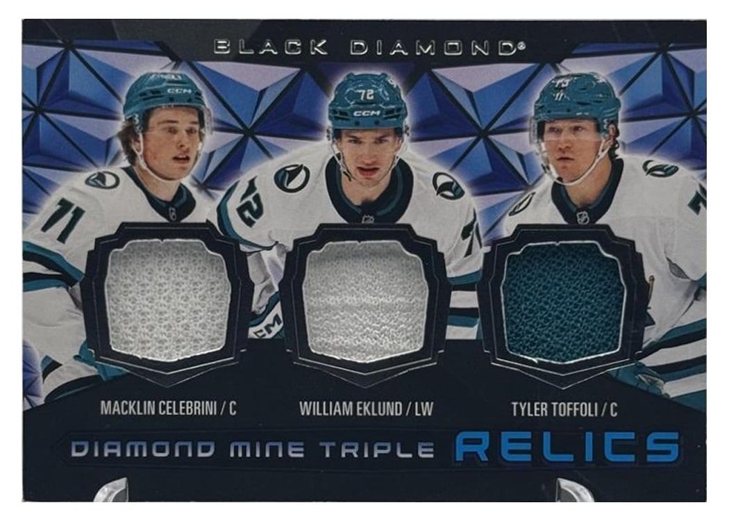 2025-26 Upper Deck Black Diamond Diamond Mine Triple Relics Macklin Celebrini/William Eklund/Tyler Toffoli #DMTR-CET card