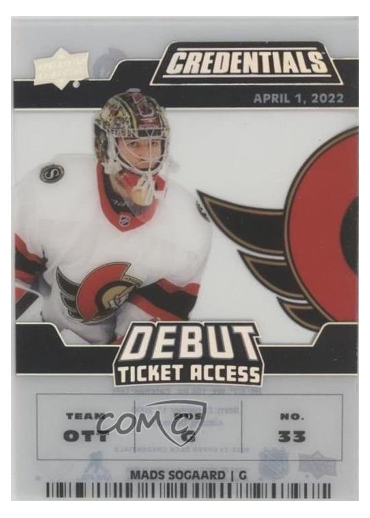 2022-23 Upper Deck Credentials Acetate Debut Ticket Access Mads Sogaard #DTA-MS card