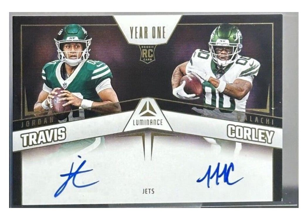 2024 Panini Luminance Year One Dual Signatures Malachi Corley / Jordan Travis #YOSD-NYJ card