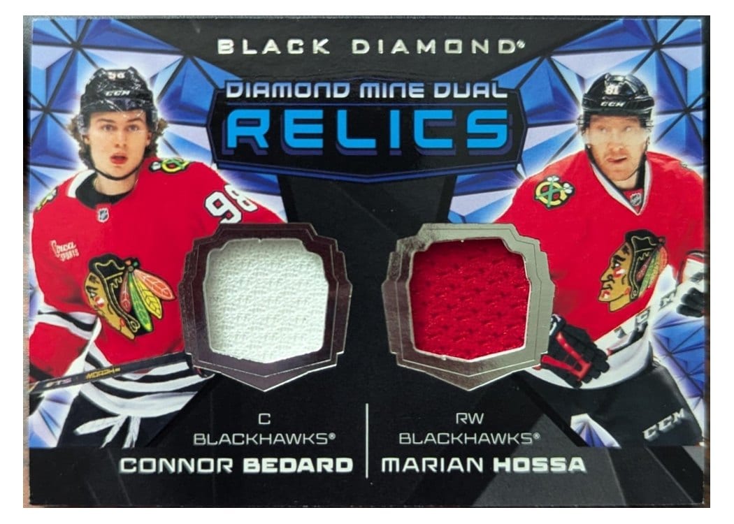 2025-26 Upper Deck Black Diamond Diamond Mine Dual Relics Marian Hossa/Connor Bedard #DMDR-BH card
