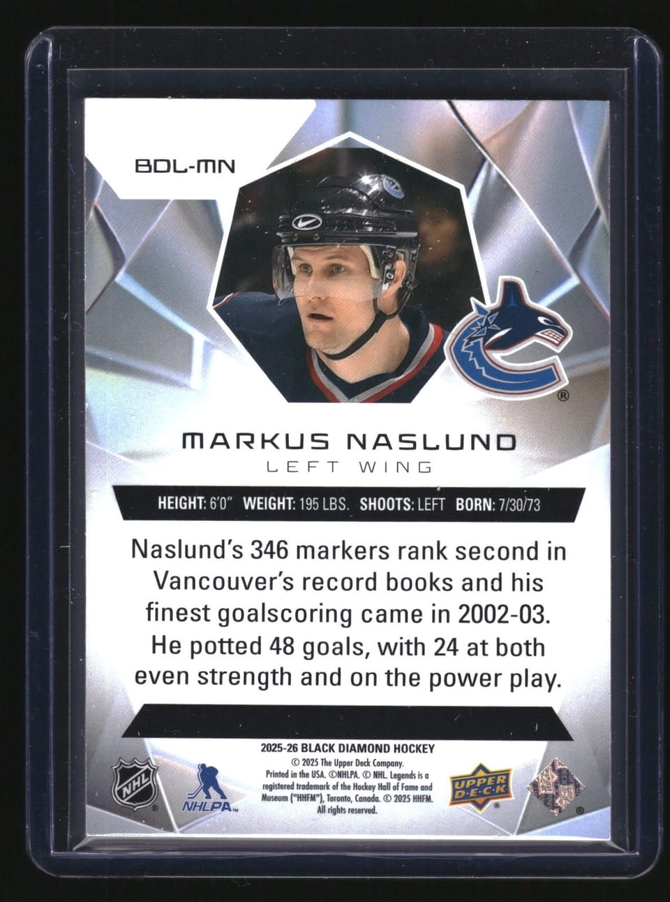 2025-26 Upper Deck Black Diamond Diamond Legends Markus Naslund #BDL-MN card