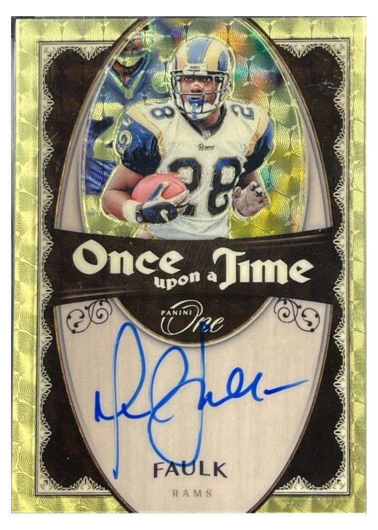 2023 Panini One Once Upon a Time Signatures Marshall Faulk Gold Vinyl Once Upon a Time Signature #327