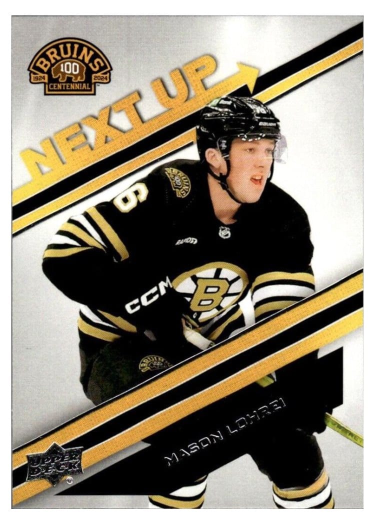 2023-24 Upper Deck Boston Bruins Centennial Next Up! Mason Lohrei #N-1 card