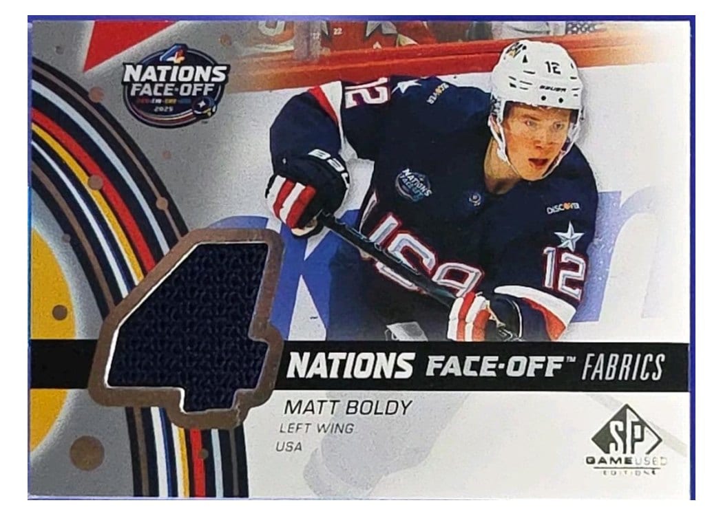 2025-26 SP Game Used 2025 4 Nations Face-Off Fabrics Matt Boldy #4N-MB card
