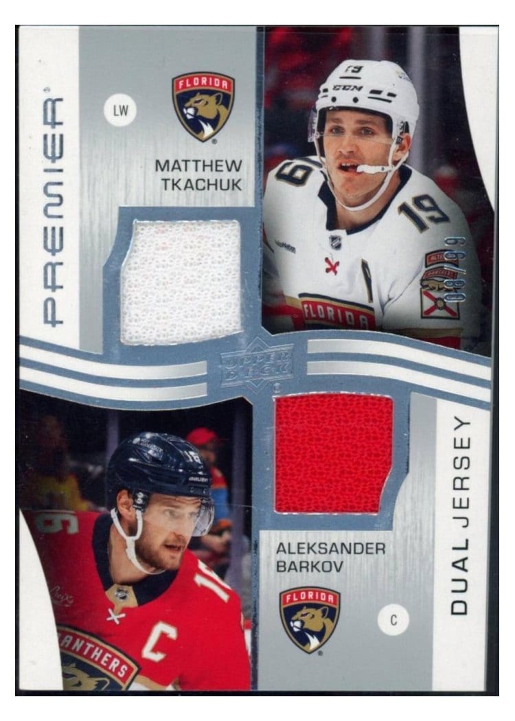2023-24 Upper Deck Premier Premier Dual Jerseys Matthew Tkachuk/Aleksander Barkov #PD-MTAB card