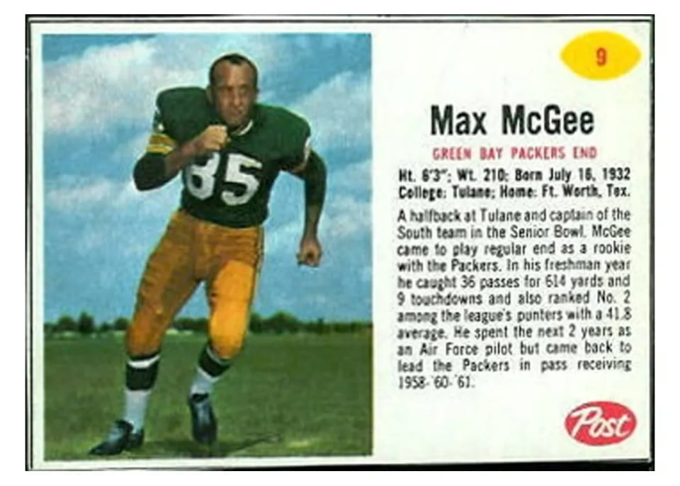 1962 Post Cereal Max McGee #9 card