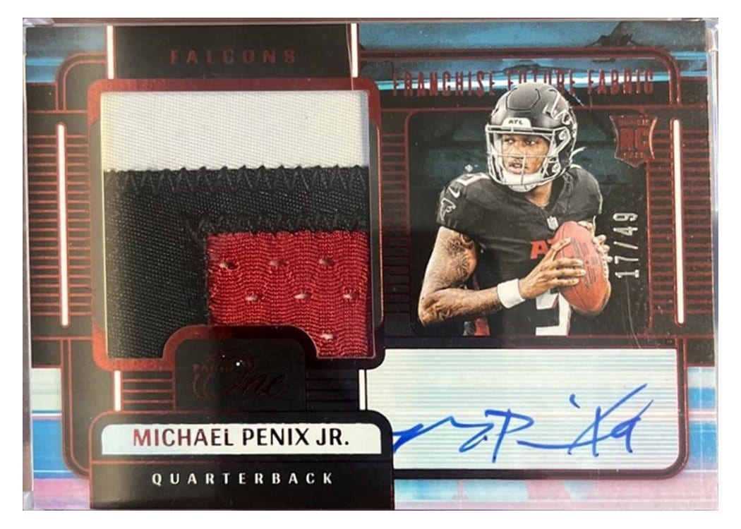 2024 Panini One Franchise Future Fabric Autographs Michael Penix Jr. Red Franchise Future Fabric Autograph #81 card