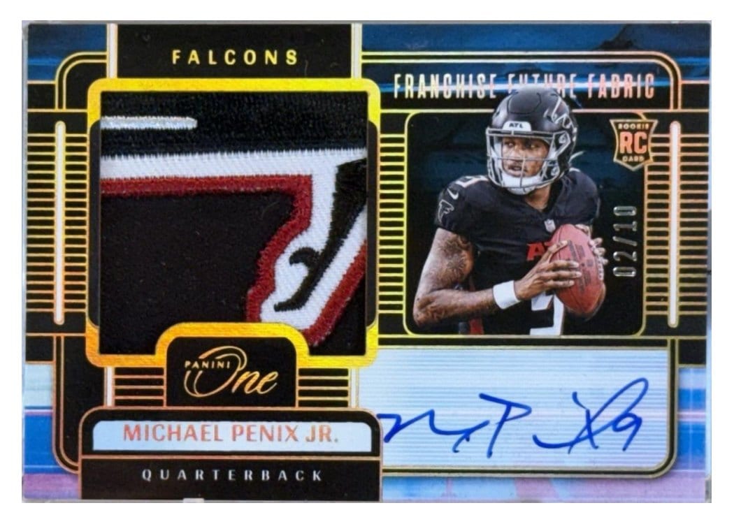 2024 Panini One Franchise Future Fabric Autographs Michael Penix Jr. Gold Franchise Future Fabric Autograph #81