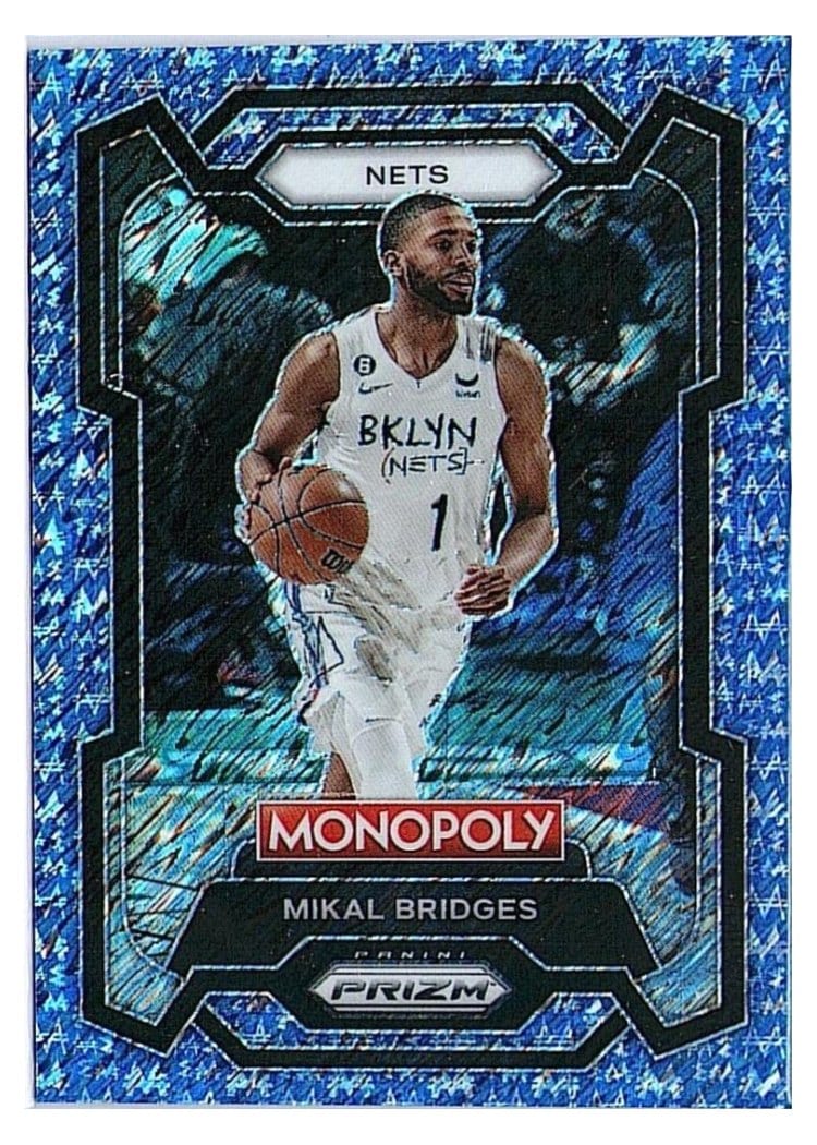 2023-24 Panini Prizm Monopoly Base Set Mikal Bridges Blue Millionaire Shimmer #10 card