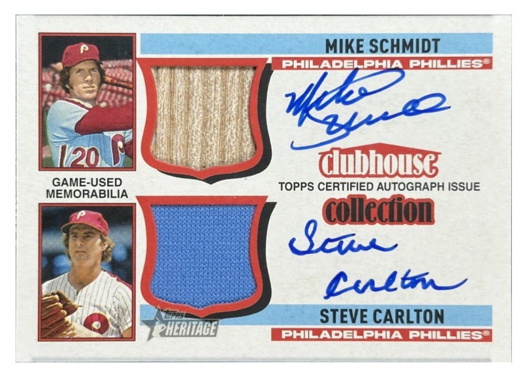2025 Topps Heritage Clubhouse Collection Dual Autographed Relics Mike Schmidt / Steve Carlton #CDAR-SC card