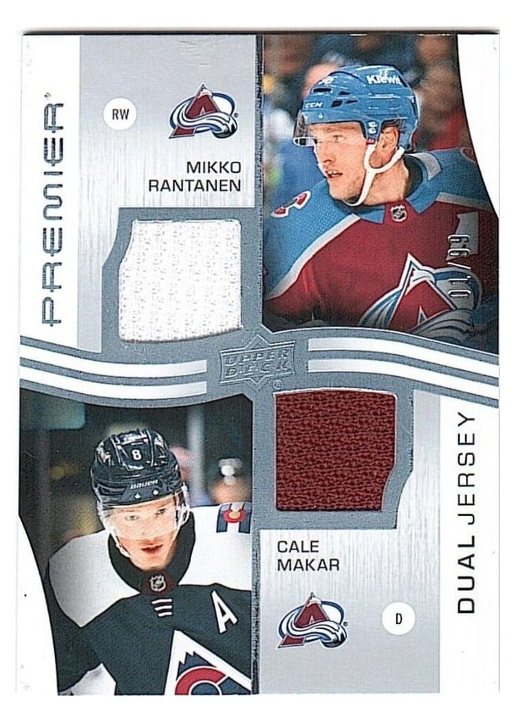 2023-24 Upper Deck Premier Premier Dual Jerseys Mikko Rantanen/Cale Makar #PD-MRCM card