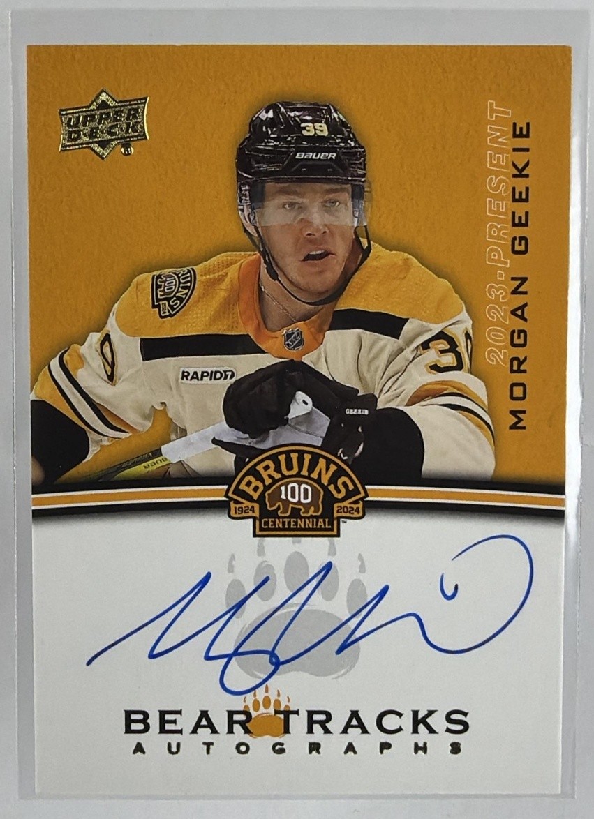 2023-24 Upper Deck Boston Bruins Centennial Bear Tracks Autographs Morgan Geekie #BT-GE card