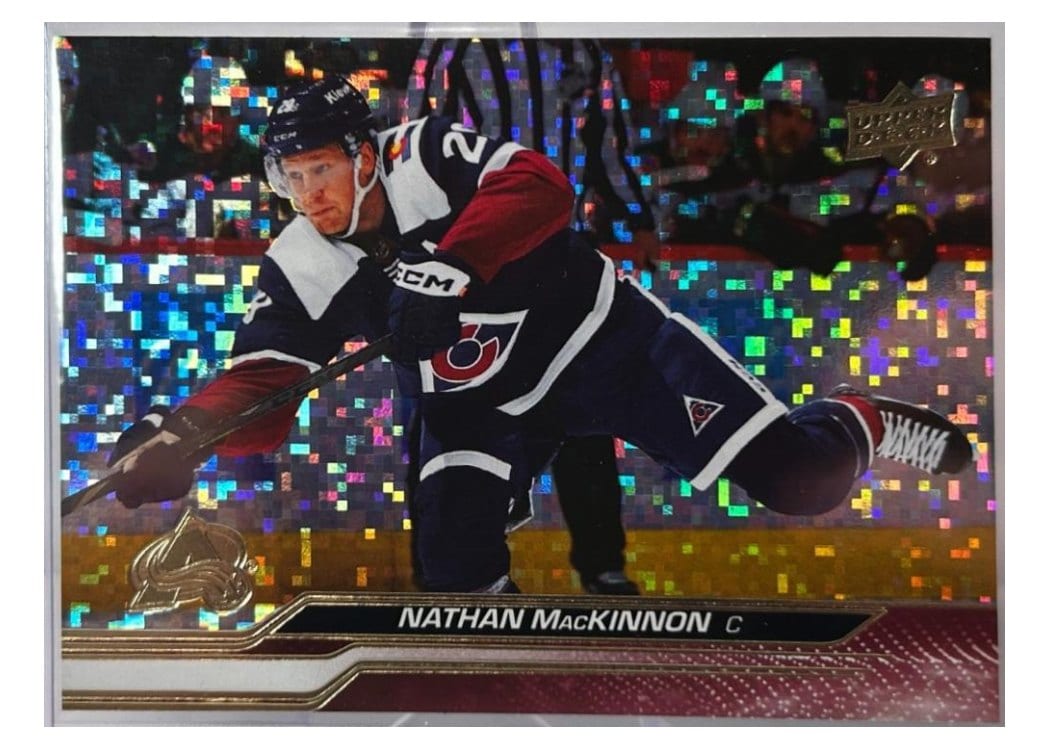 2023-24 Upper Deck Base Set Nathan MacKinnon Speckled Rainbow Foil #42 card
