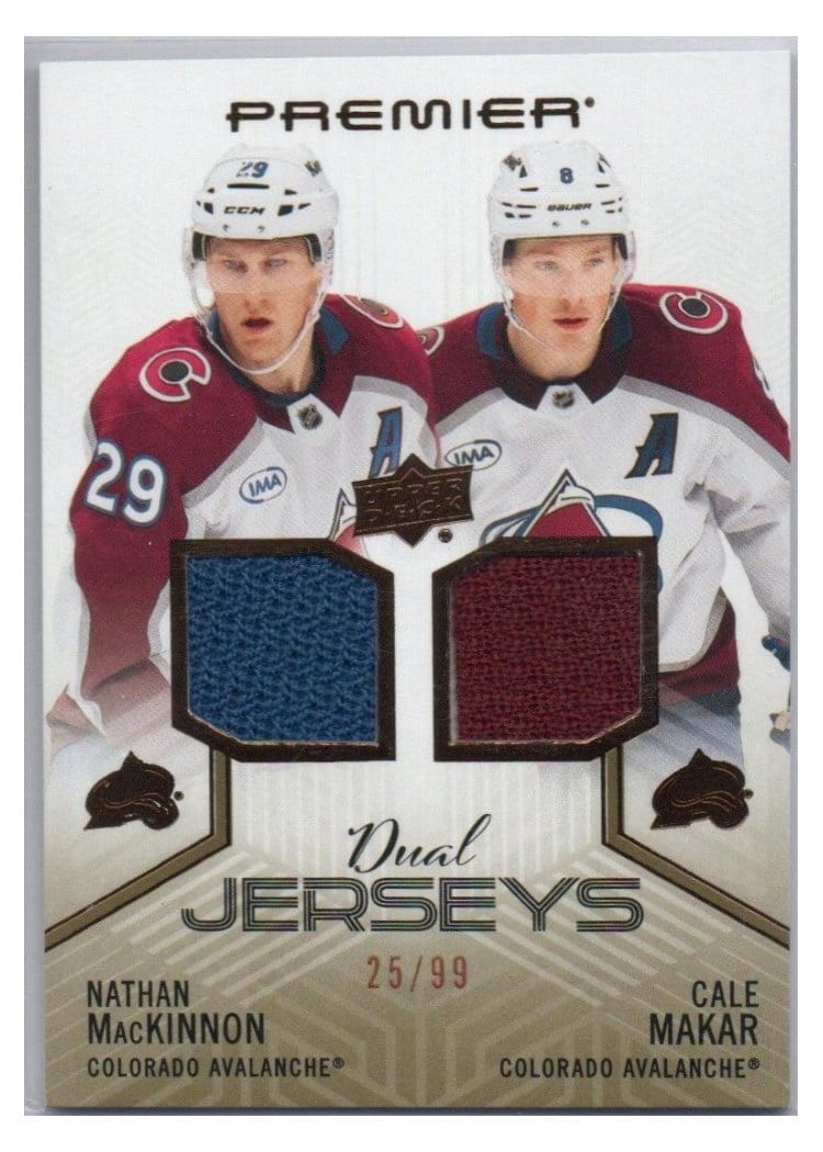 2024-25 Upper Deck Premier Premier Dual Jersey Nathan MacKinnon/Cale Makar #PD-MM card