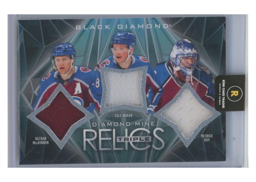 2024-25 Upper Deck Black Diamond Diamond Mine Triple Relics Nathan MacKinnon/Cale Makar/Patrick Roy #DMTR-RMM card