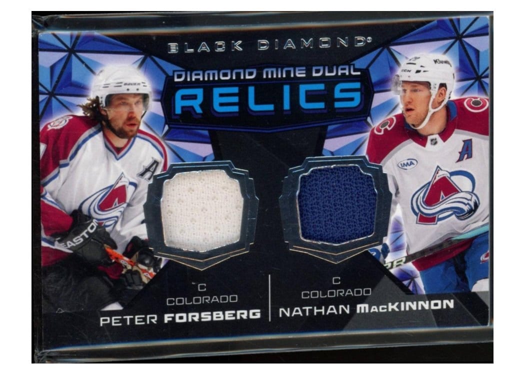 2025-26 Upper Deck Black Diamond Diamond Mine Dual Relics Nathan MacKinnon/Peter Forsberg #DMDR-FM card