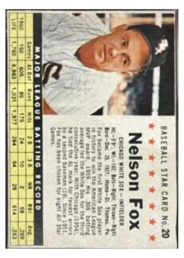 1961 Post Cereal Nelson Fox #20 card
