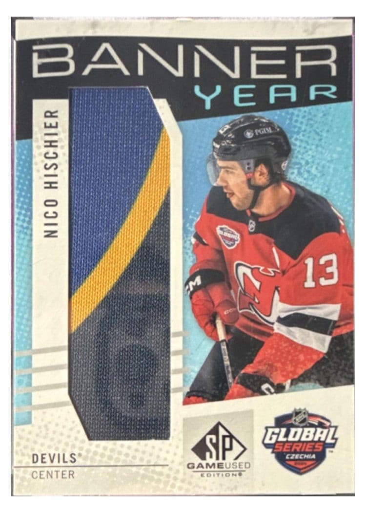 2025-26 SP Game Used 2024 Global Series Devils vs. Sabres Banner Year Relics Nico Hischier #BYGSC-NH card