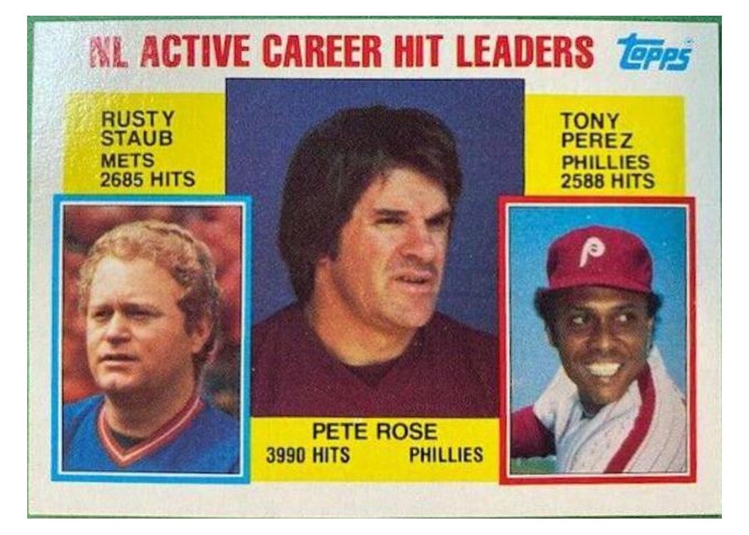 1984 Topps NL Active Career Hit Leaders (Pete Rose / Rusty Staub / Tony Perez #702 card