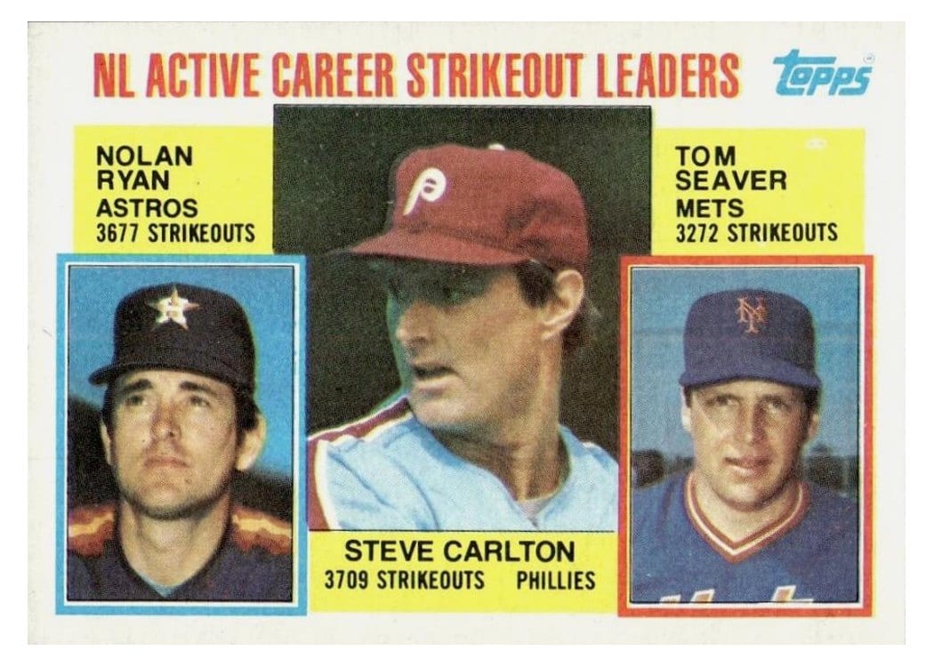 1984 Topps NL Active Career Strikeout Leaders (Steve Carlton / Nolan Ryan / Tom Seaver #707 card