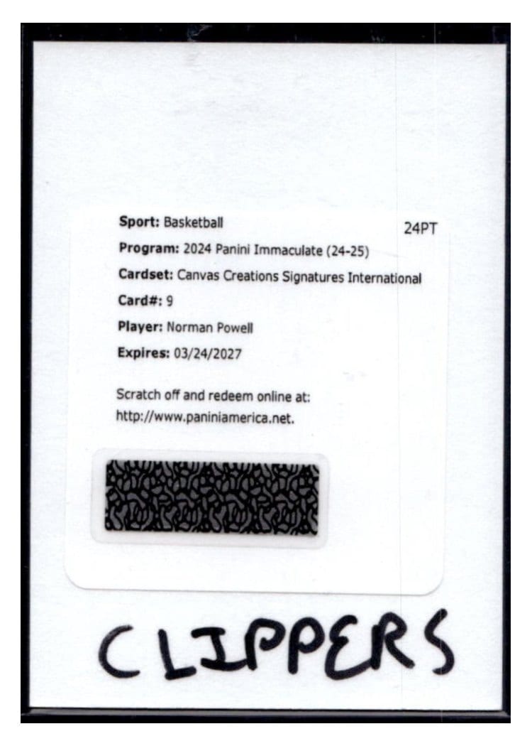2024-25 Panini Immaculate Collection Canvas Creations Signatures International Set Norman Powell #9 card