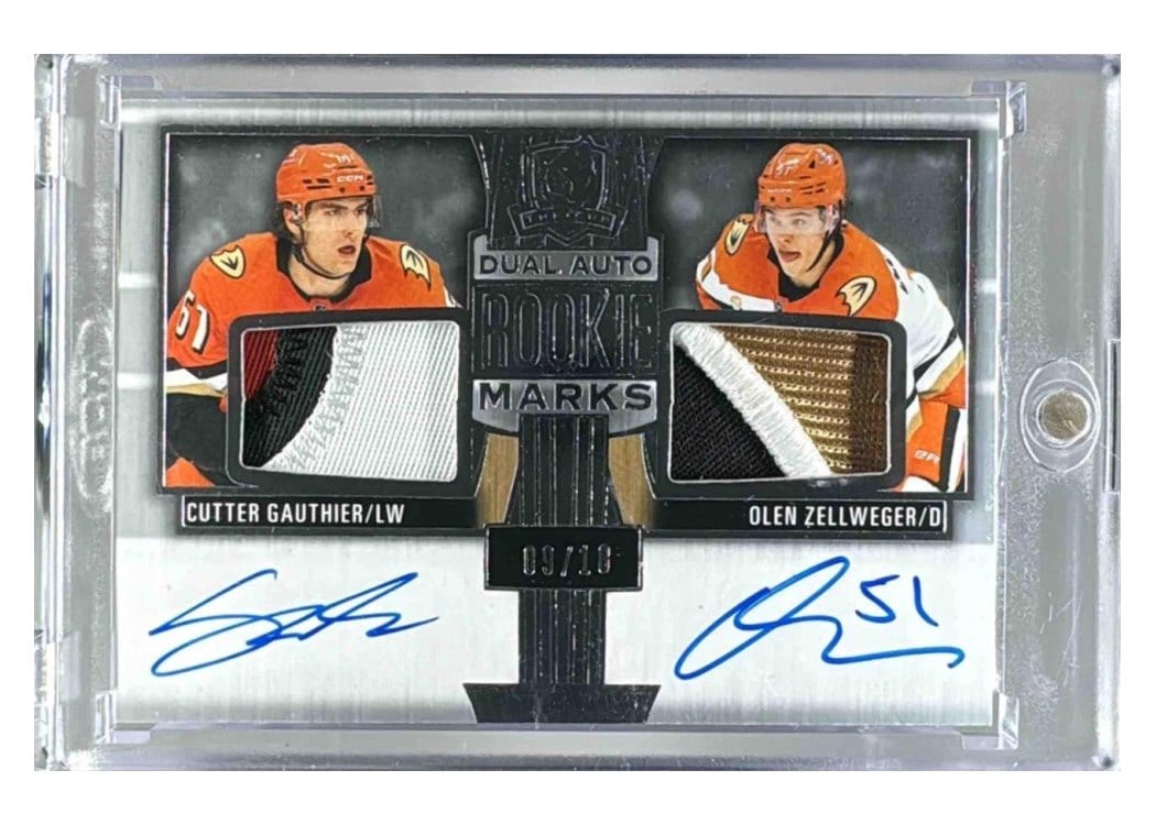 2024-25 Upper Deck The Cup Dual Autograph Rookie Marks Olen Zellweger/Cutter Gauthier #DARB-ZG card