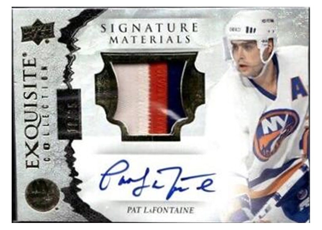 2021-22 Upper Deck Ice Exquisite Collection Material Signatures Pat LaFontaine #ESM-PL card