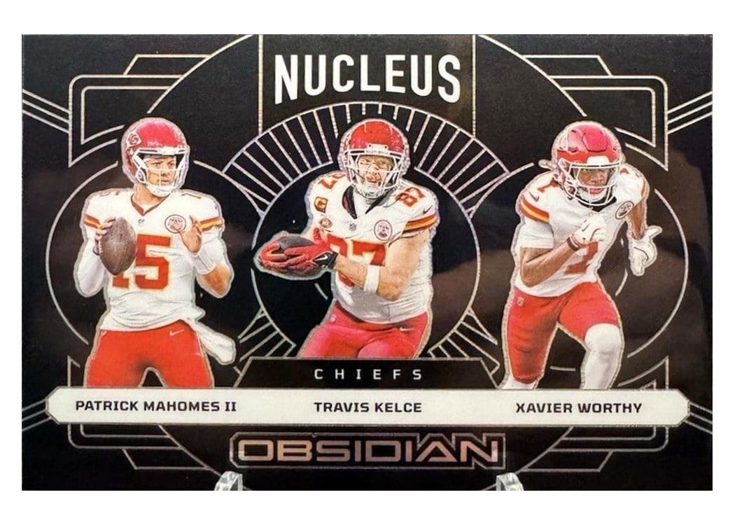 2024 Panini Obsidian Nucleus Patrick Mahomes II/Travis Kelce/Xavier Worthy #1 card